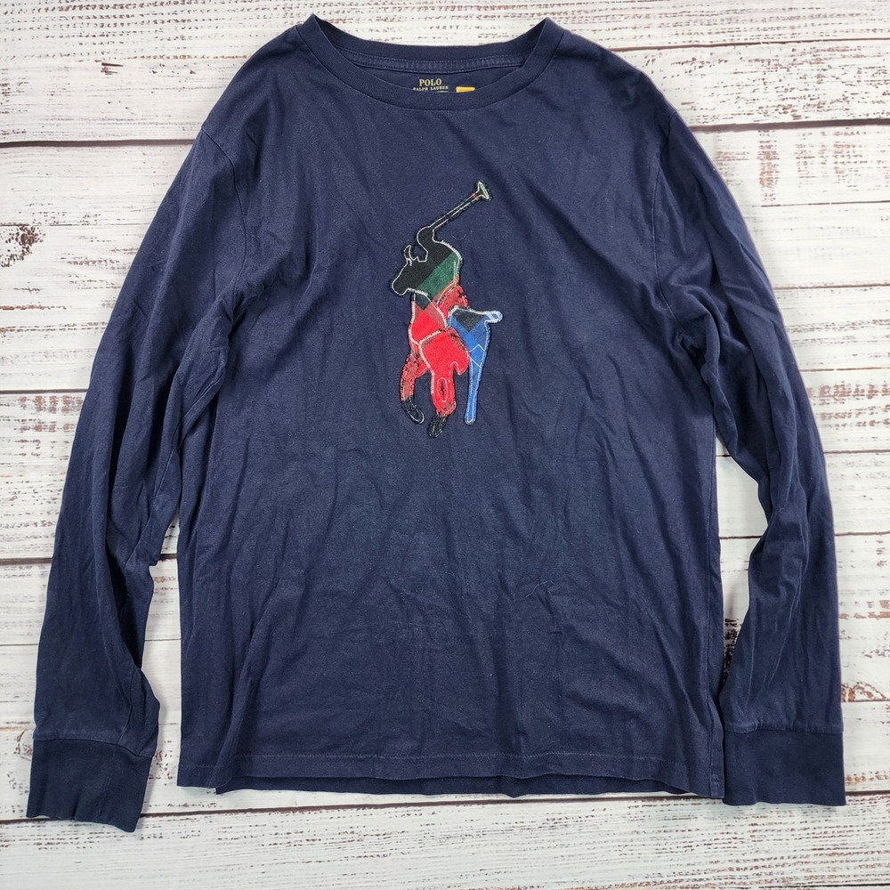 Polo Ralph Lauren Boys XL 18-20 Big Pony Plaid Patchwork Long Sleeve Navy Shirt - Picture 2 of 7